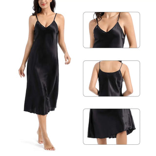 Women's Satin Nightgown Long Slip Sleep Dress Silk V Neck Sleepwear Solid Color Nightwear Alodia Store