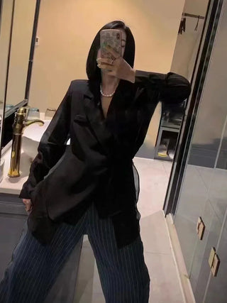 Women Notched Collar Long Sleeve Lace Up Loose Blazers Alodia Store