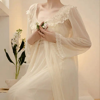 2PCS Robe Set Female Court Style Satin Nightdress Sexy Lace Alodia Store