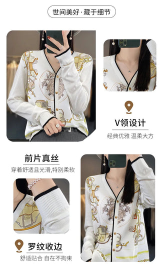 2023 Spring Summer New Cardigan Women's Coat Top Longsleeved Loose V-Neck Printed Stitching Sweater Fine Imitation Wool Cardigan Alodia Store