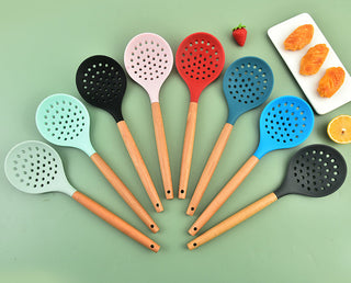 1Pcs Cooking Silicone Strainer Food Non-Stick Heat-Resistant Wooden Handle Colander Spoon Skimmer Strainer Cooking Kitchen Tools Alodia Store