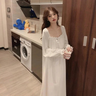 White Night Dress Women Korean Style Ruffles Alodia Store