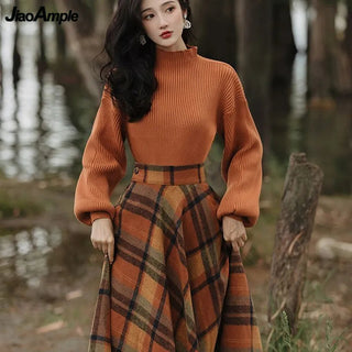 Women's Spring Autumn Vintage Plaid Long Skirts Sweater Two-Piece Set French Lady Alodia Store