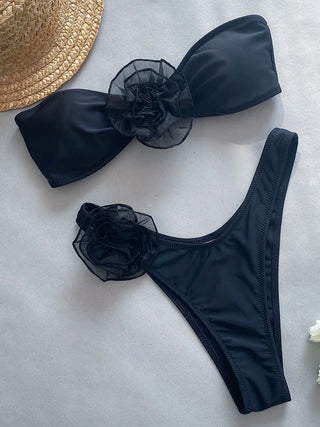 3D Flowers Brazilian Strapless Bandeau Bikini Swimsuit - Alodia Store