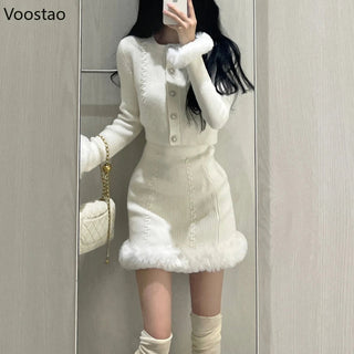 White Sweet Knitted Mini Skirt Set Women Korean Fashion Alodia Store