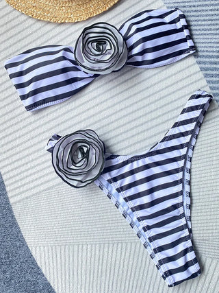 3D Flowers Brazilian Strapless Bandeau Bikini Swimsuit - Alodia Store