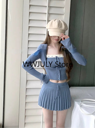 korean Grey Knitted Suit Woman Y2k Crop Tops Sweater Alodia Store