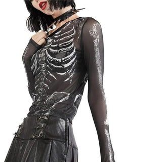 Gothic Punk Shirt 2000s Women Skeleton Pattern Round Neck Long Sleeve Crop Top Black Dark Academia Clothes y2k Tees Streetwear Alodia Store