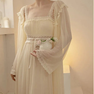 2PCS Robe Set Female Court Style Satin Nightdress Sexy Lace Alodia Store