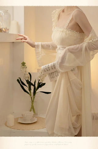 2PCS Robe Set Female Court Style Satin Nightdress Sexy Lace Alodia Store