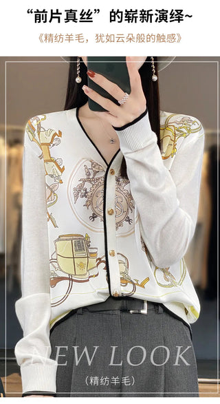 2023 Spring Summer New Cardigan Women's Coat Top Longsleeved Loose V-Neck Printed Stitching Sweater Fine Imitation Wool Cardigan Alodia Store