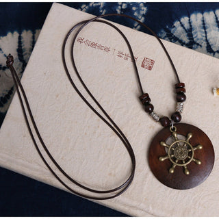 Ethnic Style Round Wood Beads Alloy Leaf Pendant Necklace For Women Girl Bohemian Sweater Chain Vintage Jewelry Accessories Gift Alodia Store