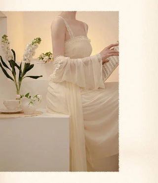 2PCS Robe Set Female Court Style Satin Nightdress Sexy Lace Alodia Store
