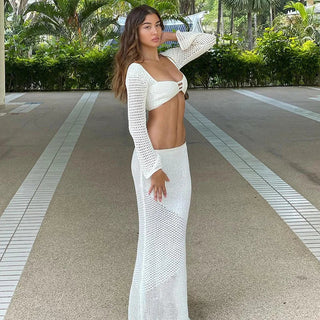 Summer Sexy Low Waist Slim Knitted Solid Skirt Set Long Sleeve Alodia Store