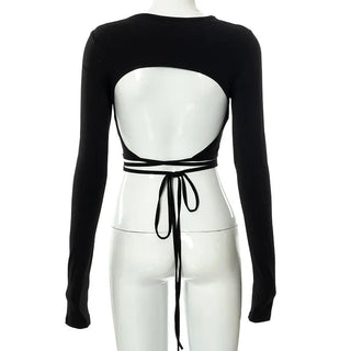 2023 Sexy Backless Lace ups Pullover Tees Women Autumn Black O-neck Slim Longsleeve Short T-Shirt Alodia Store