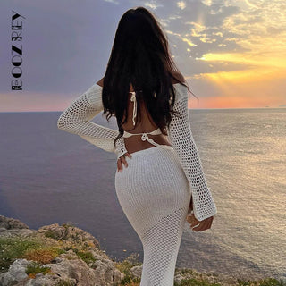 Summer Sexy Low Waist Slim Knitted Solid Skirt Set Long Sleeve Alodia Store