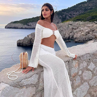 Summer Sexy Low Waist Slim Knitted Solid Skirt Set Long Sleeve Alodia Store