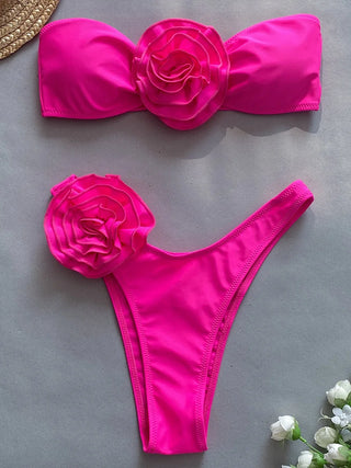 3D Flowers Brazilian Strapless Bandeau Bikini Swimsuit - Alodia Store