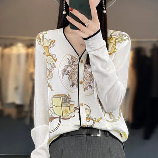 2023 Spring Summer New Cardigan Women's Coat Top Longsleeved Loose V-Neck Printed Stitching Sweater Fine Imitation Wool Cardigan Alodia Store