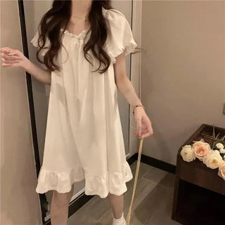 White Night Dress Women Korean Style Ruffles Alodia Store