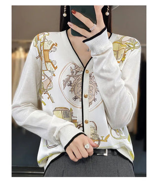 2023 Spring Summer New Cardigan Women's Coat Top Longsleeved Loose V-Neck Printed Stitching Sweater Fine Imitation Wool Cardigan Alodia Store