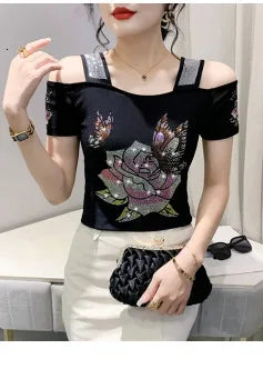 Leopard Mesh T Shirt Women V-neck Diamonds Sexy Tight Short T-shirt Female Long Sleeve Vintage Wrap Tshirt Femme Thin Slim Alodia Store