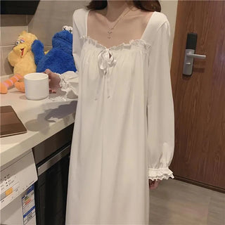 White Night Dress Women Korean Style Ruffles Alodia Store