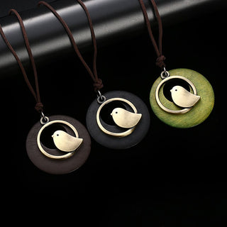 Vintage Wooden Bird Pendant Necklaces Boho Ethnic Style Metal Hollow Necklaces Retro Long Sweater Chain Rope Jewelry for Women Alodia Store