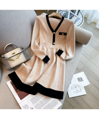 Fashion Women V Neck Hit Color Knitted Golden Alodia Store