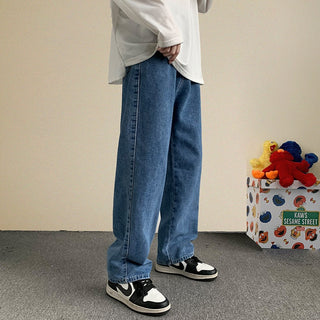 2023 Spring New Streetwear Baggy Jeans Men Korean Fashion Loose Straight Wide Leg Pants Male Brand Clothing Black Light Blue ALODIA STORE
