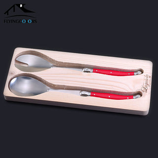 2pcs 10'' Red Salad Spoon set Laguiole Stainless steel Spoon Western Dinnerware Black ABS Handle Party Cake Dessert Tool Kitchen Alodia Store