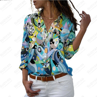 Women's SummerNew Shirt Long Sleeve Colorful Portrait 3D Digital Printing Women's Polo Button Casual Cardigan LongSleeve T-shirt Alodia Store