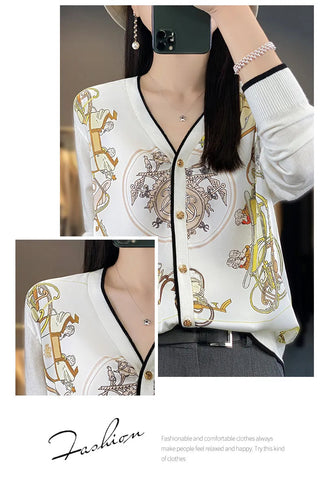 2023 Spring Summer New Cardigan Women's Coat Top Longsleeved Loose V-Neck Printed Stitching Sweater Fine Imitation Wool Cardigan Alodia Store