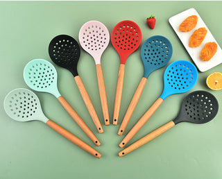 1Pcs Cooking Silicone Strainer Food Non-Stick Heat-Resistant Wooden Handle Colander Spoon Skimmer Strainer Cooking Kitchen Tools Alodia Store