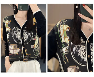 2023 Spring Summer New Cardigan Women's Coat Top Longsleeved Loose V-Neck Printed Stitching Sweater Fine Imitation Wool Cardigan Alodia Store