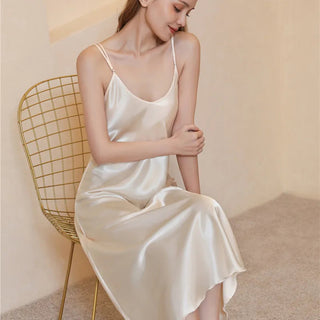 Women's Satin Nightgown Long Slip Sleep Dress Silk V Neck Sleepwear Solid Color Nightwear Alodia Store