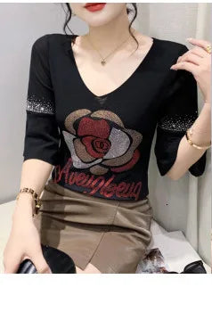 Leopard Mesh T Shirt Women V-neck Diamonds Sexy Tight Short T-shirt Female Long Sleeve Vintage Wrap Tshirt Femme Thin Slim Alodia Store