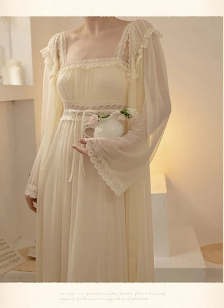 2PCS Robe Set Female Court Style Satin Nightdress Sexy Lace Alodia Store