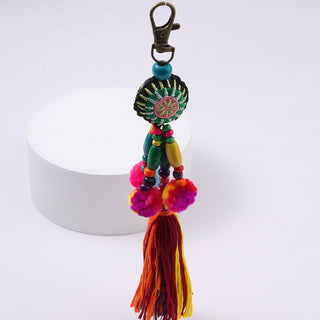 1pc Flower Charms Keychains Wooden Beads With Pompom Keyring Colorful Jewelry Boho Style Alodia Store