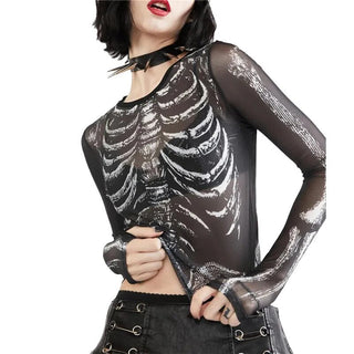 Gothic Punk Shirt 2000s Women Skeleton Pattern Round Neck Long Sleeve Crop Top Black Dark Academia Clothes y2k Tees Streetwear Alodia Store