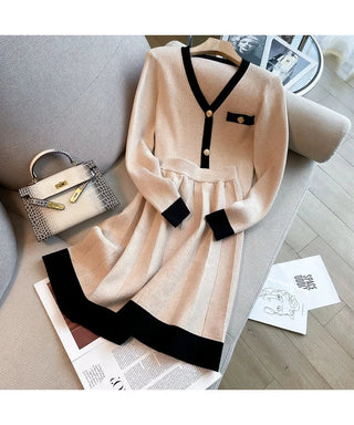 Fashion Women V Neck Hit Color Knitted Golden Alodia Store