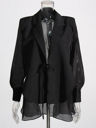 Women Notched Collar Long Sleeve Lace Up Loose Blazers Alodia Store