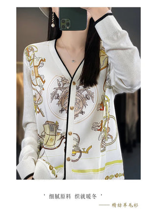 2023 Spring Summer New Cardigan Women's Coat Top Longsleeved Loose V-Neck Printed Stitching Sweater Fine Imitation Wool Cardigan Alodia Store