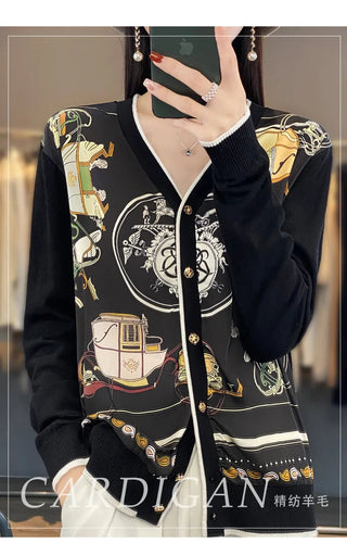 2023 Spring Summer New Cardigan Women's Coat Top Longsleeved Loose V-Neck Printed Stitching Sweater Fine Imitation Wool Cardigan Alodia Store