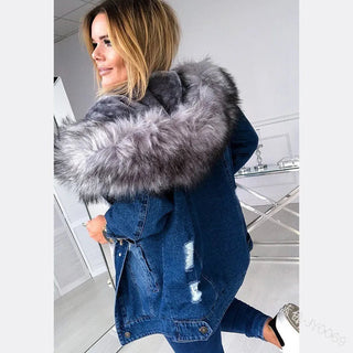 Women Casual Warm Mid-length Ripped Coat Denim Jacket Alodia Store