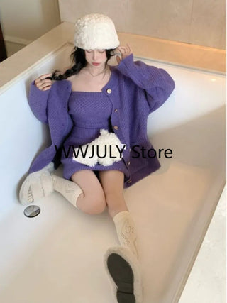 2023 Autumn Purple Knitted Sweater Suit Woman Sexy Y2k Mini Skirt Party Korea 3 Piece Set Alodia Store