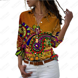 Women's SummerNew Shirt Long Sleeve Colorful Portrait 3D Digital Printing Women's Polo Button Casual Cardigan LongSleeve T-shirt Alodia Store