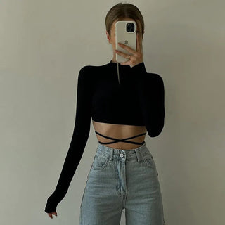 2023 Sexy Backless Lace ups Pullover Tees Women Autumn Black O-neck Slim Longsleeve Short T-Shirt Alodia Store