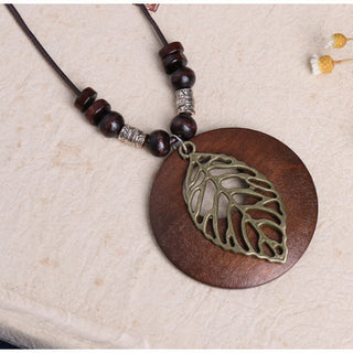 Ethnic Style Round Wood Beads Alloy Leaf Pendant Necklace For Women Girl Bohemian Sweater Chain Vintage Jewelry Accessories Gift Alodia Store