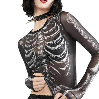 Gothic Punk Shirt 2000s Women Skeleton Pattern Round Neck Long Sleeve Crop Top Black Dark Academia Clothes y2k Tees Streetwear Alodia Store